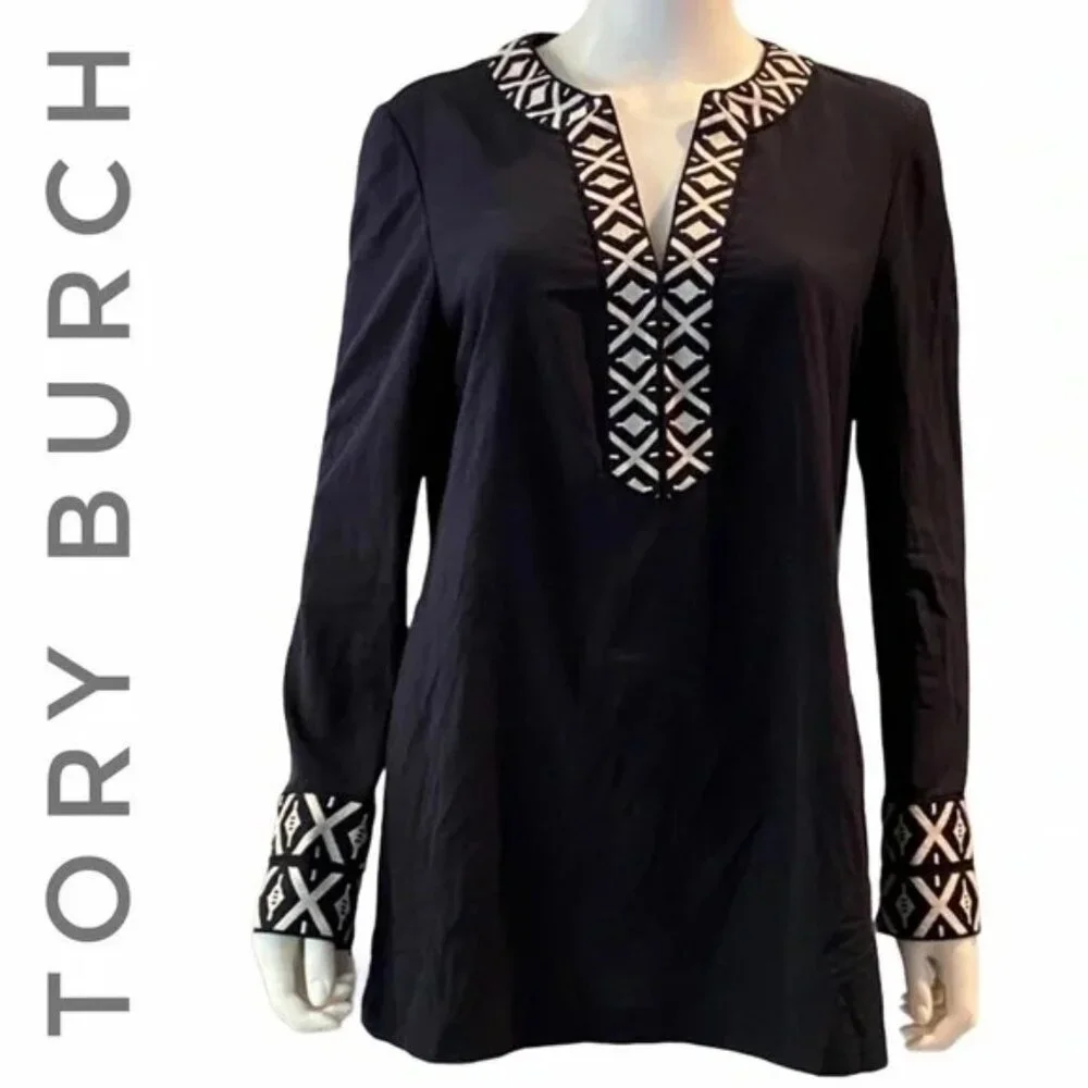 Tory Burch Ariana Navy Embroidered Tunic